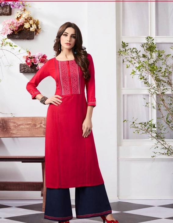 Trendy Red Embroidered Kurti w/ Navy Blue Plazzo Pant (M /L) 37023